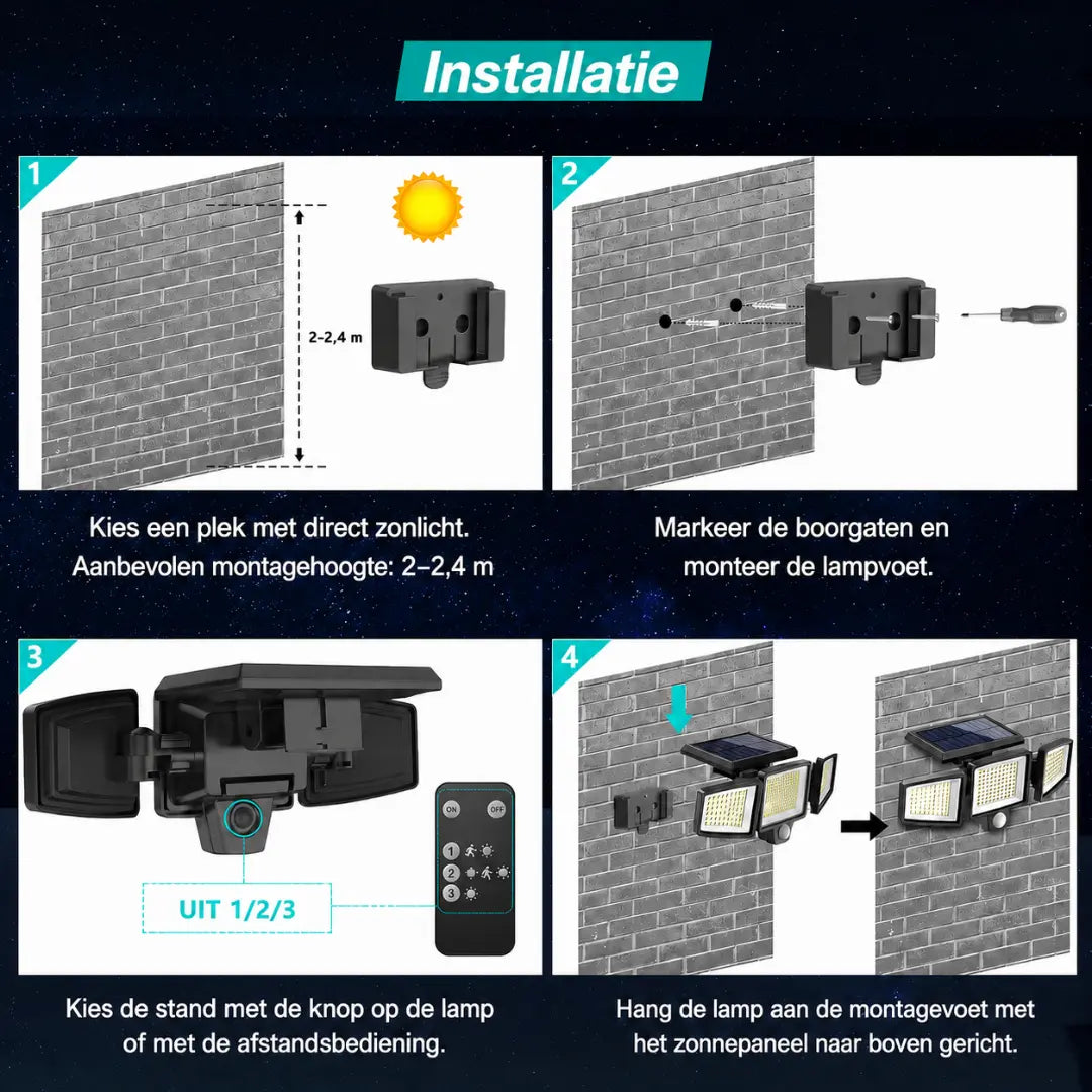 KORVATEK Zonne-Buitenlamp – 3 Koppen Beveiligingslamp met Bewegingssensor, Afstandsbediening & IP65