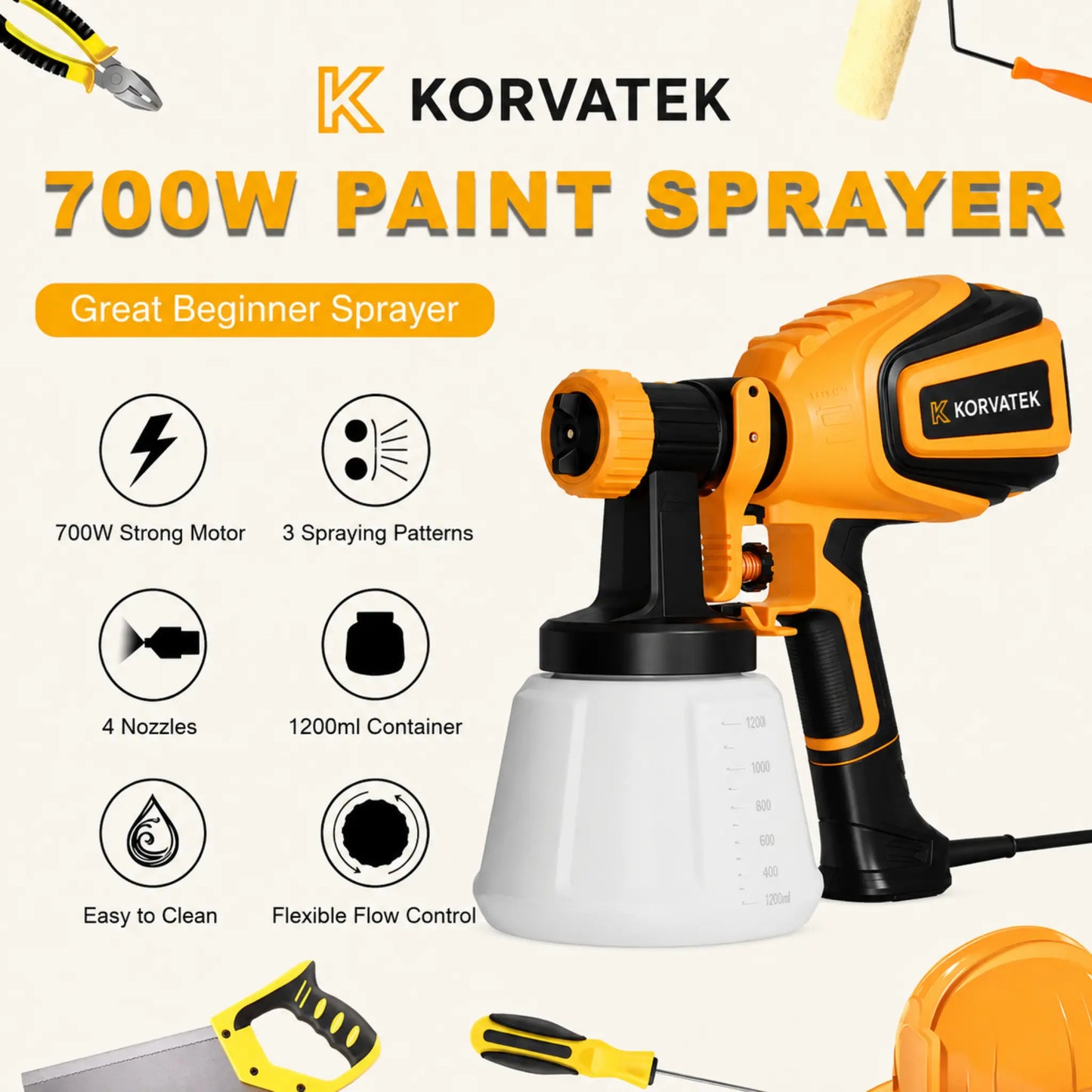 KORVATEK R6 Paint Sprayer, 1000W HVLP Spray Gun with Cleaning & Blowing Joints, 4 Nozzles and 3 Patterns, Easy to Clean, for Furniture, Cabinets, Fence, Walls, Door, Garden Chairs etc. VF803 Yellow
