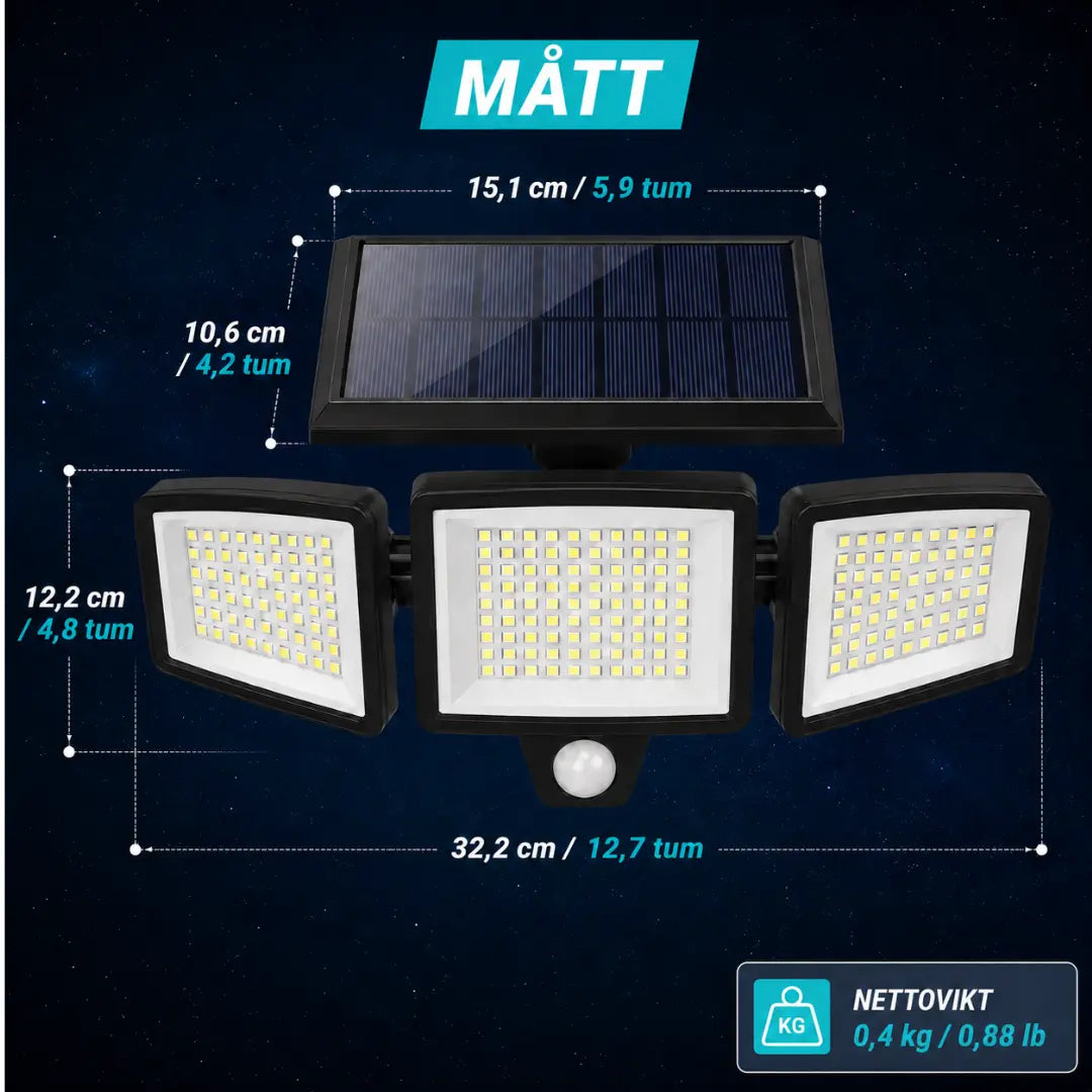 KORVATEK Solcellsdriven utomhuslampa – Säkerhetslampa med 3 ljushuvuden, rörelsesensor, fjärrkontroll & IP65