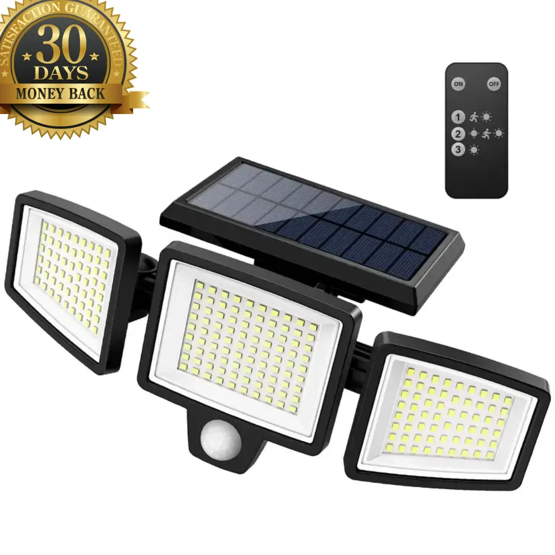 KORVATEK Solcellsdriven utomhuslampa – Säkerhetslampa med 3 ljushuvuden, rörelsesensor, fjärrkontroll & IP65