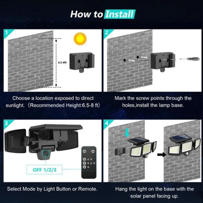 KORVATEK Solar Buitenlamp – 3-kops Beveiligingslamp met Bewegingssensor, Afstandsbediening & IP65
