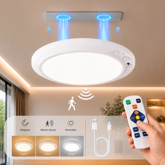 Korvatek Plafonniers à piles Rechargeables avec capteur de mouvement, Lumière de douche sans fil d'intérieur avec télécommande - Lampe à intensité variable et à minuterie activée par le mouvement pour placard et douche