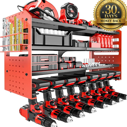 Korvatek Wall-Mounted Power Tool Organizer, Metal Power Tool Storage Rack with Screwdriver Holder, Garage Tool Storage Shelves with Screwdriver and Pliers Holder (Red, 8 Drill Holder)