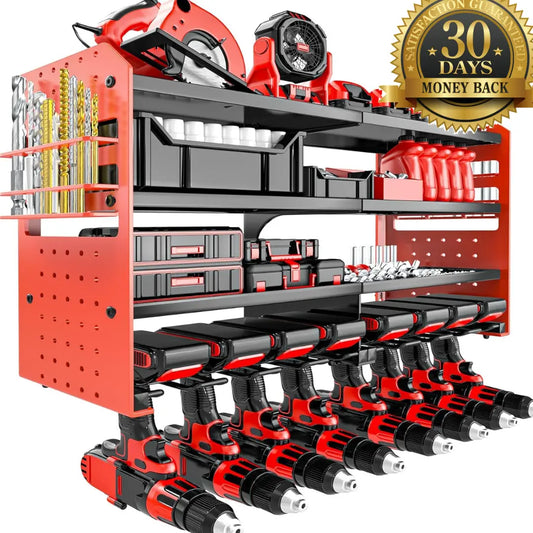 Korvatek Wall-Mounted Power Tool Organizer, Metal Power Tool Storage Rack with Screwdriver Holder, Garage Tool Storage Shelves with Screwdriver and Pliers Holder (Red, 8 Drill Holder)