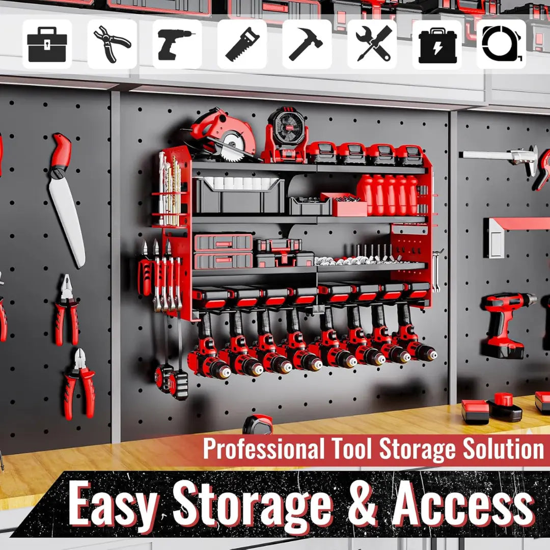 Korvatek Wall-Mounted Power Tool Organizer, Metal Power Tool Storage Rack with Screwdriver Holder, Garage Tool Storage Shelves with Screwdriver and Pliers Holder (Red, 8 Drill Holder)
