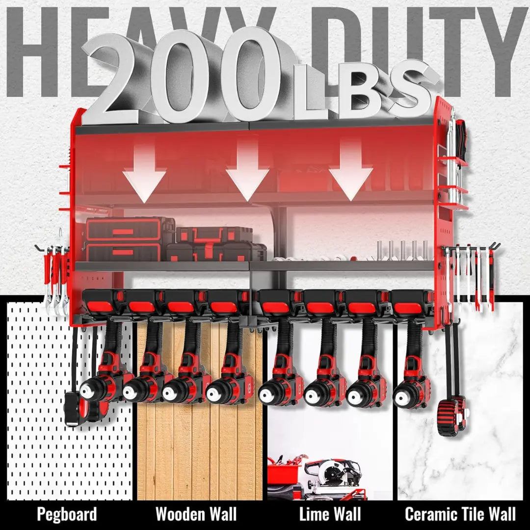 Korvatek Wall-Mounted Power Tool Organizer, Metal Power Tool Storage Rack with Screwdriver Holder, Garage Tool Storage Shelves with Screwdriver and Pliers Holder (Red, 8 Drill Holder)