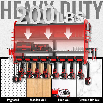 Korvatek Wall-Mounted Power Tool Organizer, Metal Power Tool Storage Rack with Screwdriver Holder, Garage Tool Storage Shelves with Screwdriver and Pliers Holder (Red, 8 Drill Holder)
