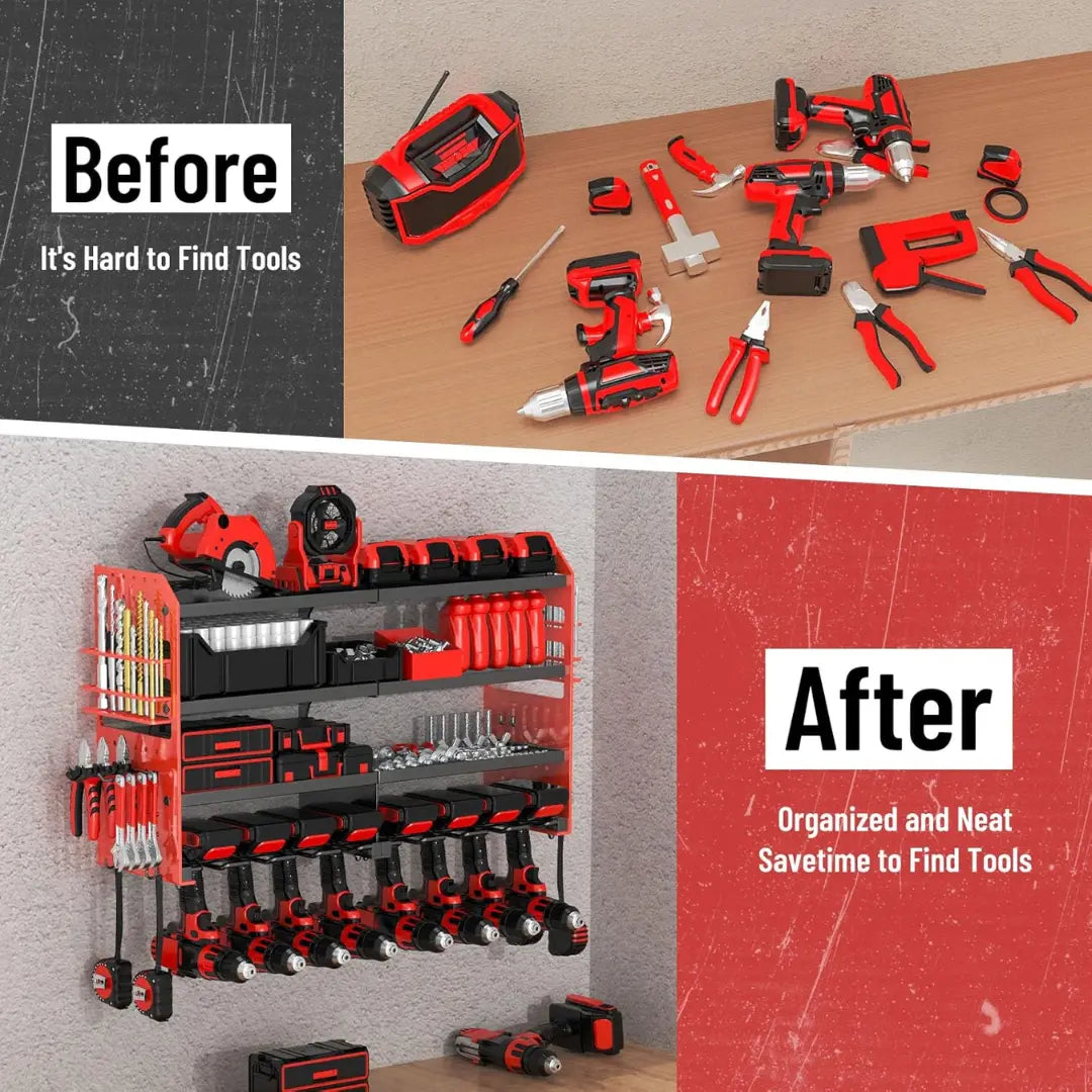 Korvatek Wall-Mounted Power Tool Organizer, Metal Power Tool Storage Rack with Screwdriver Holder, Garage Tool Storage Shelves with Screwdriver and Pliers Holder (Red, 8 Drill Holder)