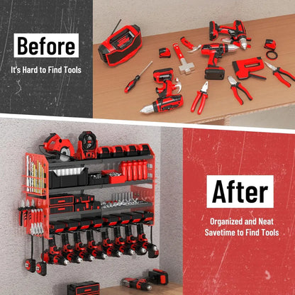 Korvatek Wall-Mounted Power Tool Organizer, Metal Power Tool Storage Rack with Screwdriver Holder, Garage Tool Storage Shelves with Screwdriver and Pliers Holder (Red, 8 Drill Holder)