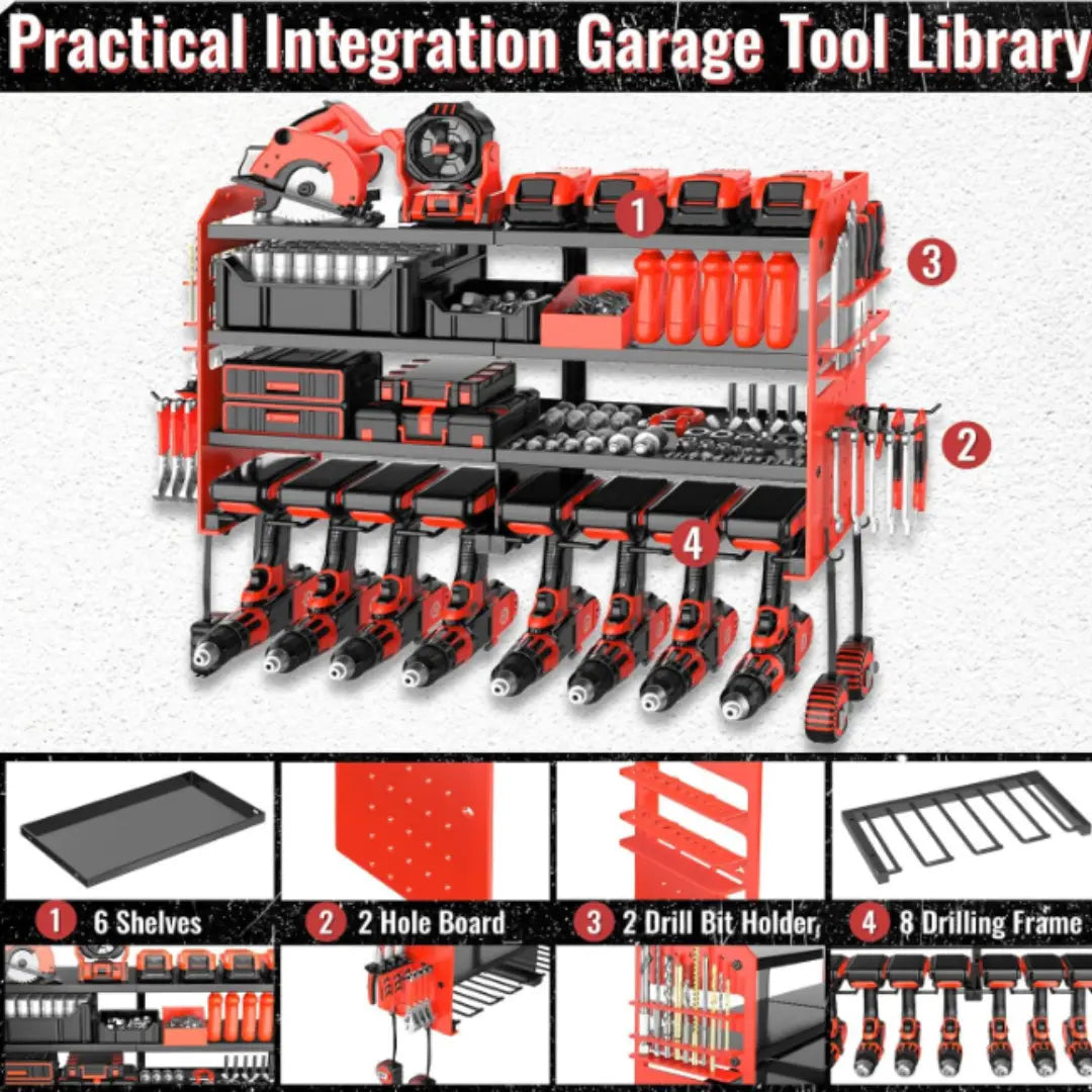 Korvatek Wall-Mounted Power Tool Organizer, Metal Power Tool Storage Rack with Screwdriver Holder, Garage Tool Storage Shelves with Screwdriver and Pliers Holder (Red, 8 Drill Holder)
