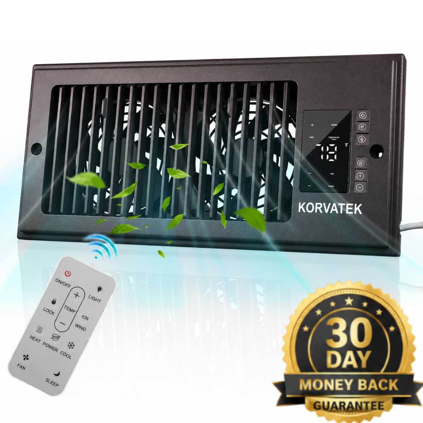 KORVATEK EP987 4"x10" Register Booster Fan for Wall & Floor Vents, 10-Speed Quiet Ventilation Fan with Thermostat & Remote, Negative Ion Air Vent Booster, Enhances Airflow & Home Comfort