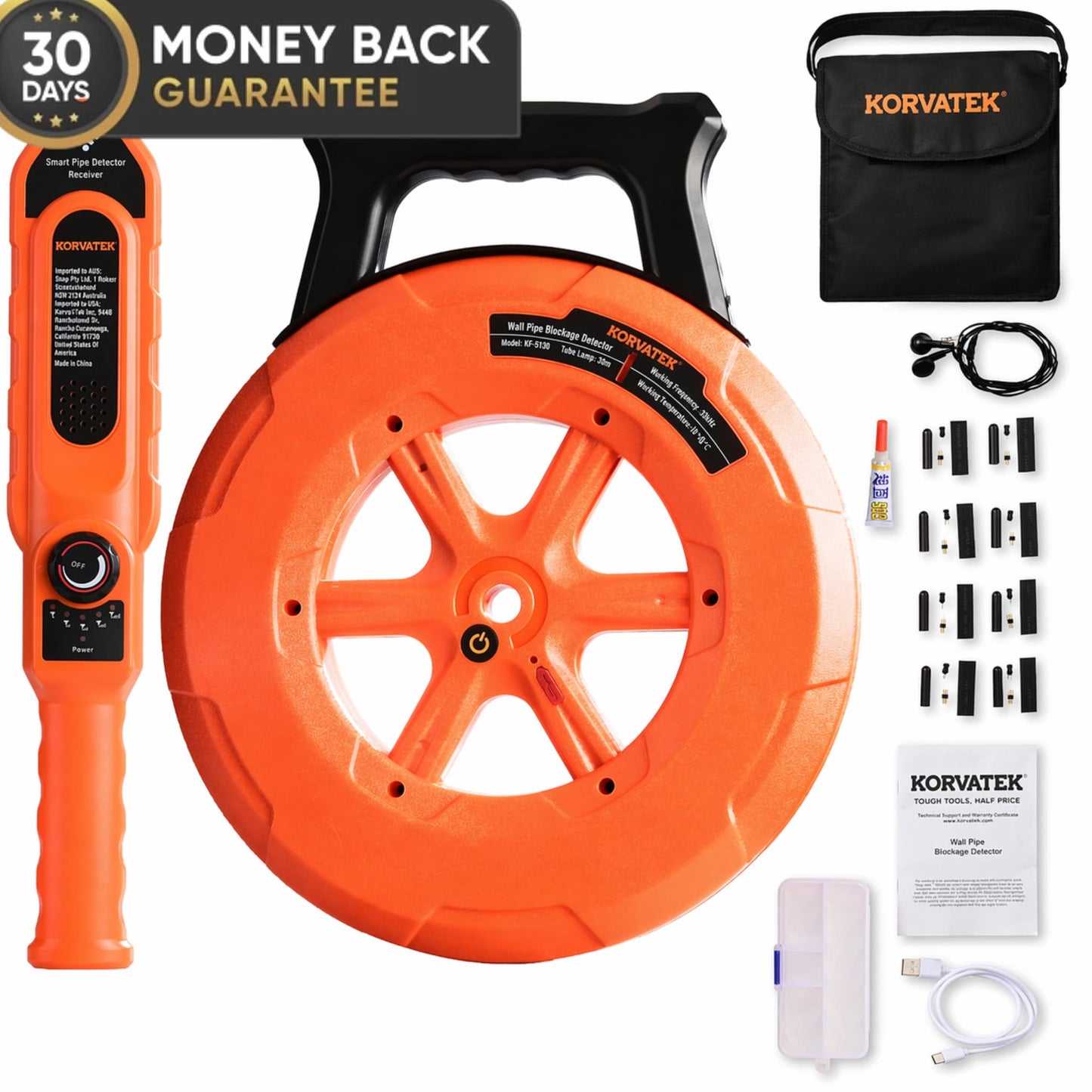 KORVATEK Pipe Lock Detector Pipe Locators 98ft Waterproof IP67 Adjustable Sensitivity Sewer Wall Scanner Plumbing Tool for Metal Plastic PVC Pipe