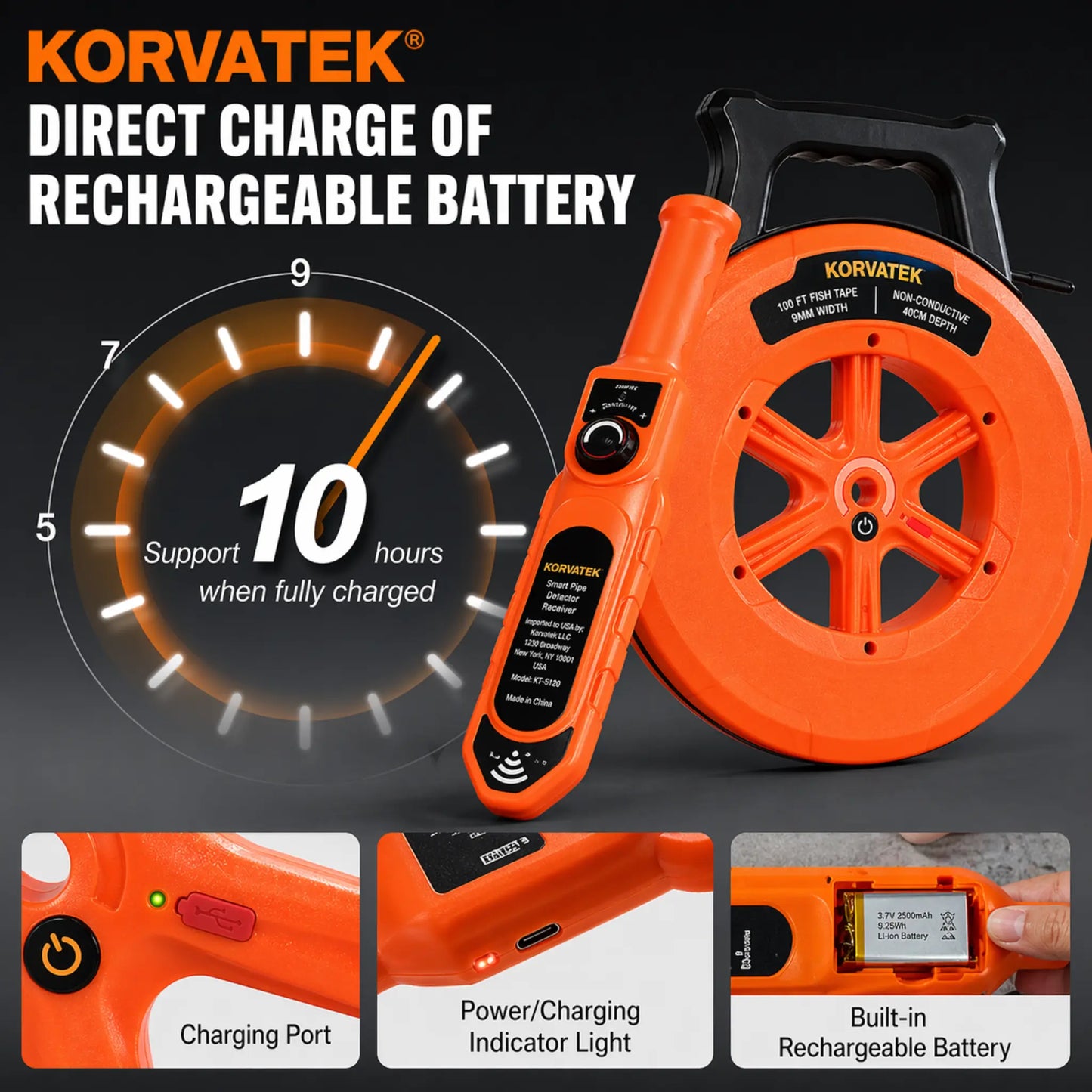 KORVATEK Pipe Lock Detector Pipe Locators 98ft Waterproof IP67 Adjustable Sensitivity Sewer Wall Scanner Plumbing Tool for Metal Plastic PVC Pipe