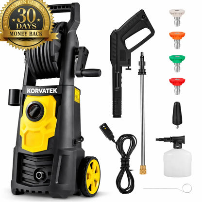 Korvatek Powerful 3000 PSI 2.4 GPM 1800W Portable Power Cleaner Pro with 30FT Hose Reel, 5 Quick-Connect Nozzles & Foam Cannon – Perfect for Effortless Patio & Outdoor Cleaning
