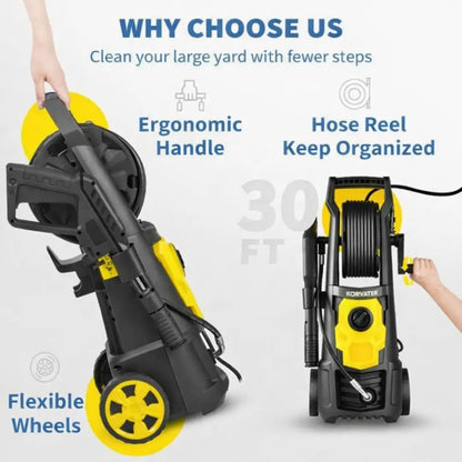 Korvatek Powerful 3000 PSI 2.4 GPM 1800W Portable Power Cleaner Pro with 30FT Hose Reel, 5 Quick-Connect Nozzles & Foam Cannon – Perfect for Effortless Patio & Outdoor Cleaning