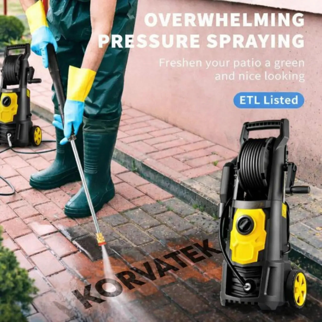 Korvatek Powerful 3000 PSI 2.4 GPM 1800W Portable Power Cleaner Pro with 30FT Hose Reel, 5 Quick-Connect Nozzles & Foam Cannon – Perfect for Effortless Patio & Outdoor Cleaning