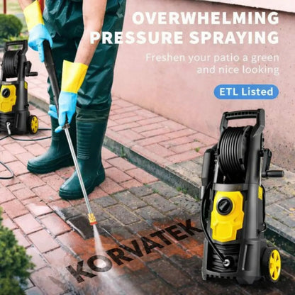 Korvatek Powerful 3000 PSI 2.4 GPM 1800W Portable Power Cleaner Pro with 30FT Hose Reel, 5 Quick-Connect Nozzles & Foam Cannon – Perfect for Effortless Patio & Outdoor Cleaning