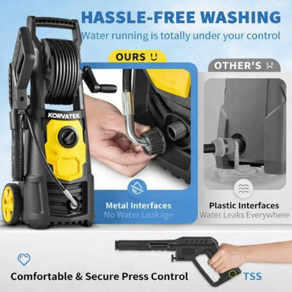 Korvatek Powerful 3000 PSI 2.4 GPM 1800W Portable Power Cleaner Pro with 30FT Hose Reel, 5 Quick-Connect Nozzles & Foam Cannon – Perfect for Effortless Patio & Outdoor Cleaning