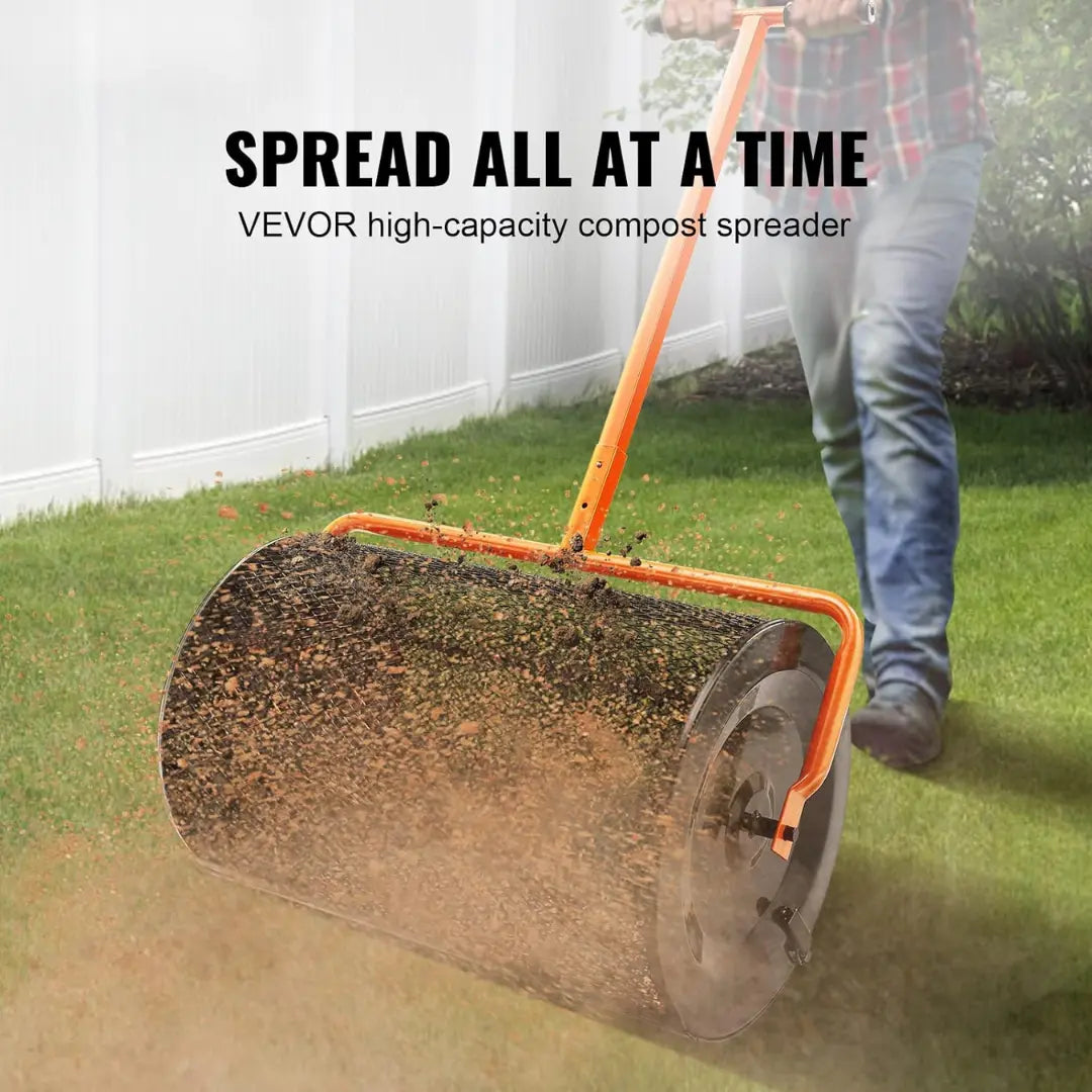 Korvatek RS5 Compost Spreader, 24 In Wide Peat Moss Spreader With T Shaped Handle, 3 Heights Adjustable, Powder-Coated Steel Garden Peat Moss Roller, Heavy Duty Grass Seed Spreaders For Planting Seeding
