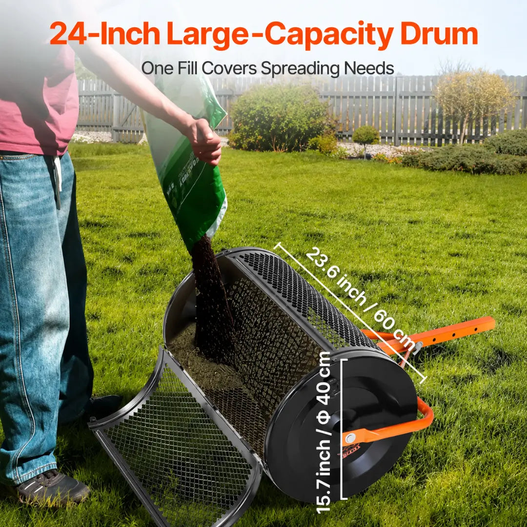 Korvatek RS5 Compost Spreader, 24 In Wide Peat Moss Spreader With T Shaped Handle, 3 Heights Adjustable, Powder-Coated Steel Garden Peat Moss Roller, Heavy Duty Grass Seed Spreaders For Planting Seeding