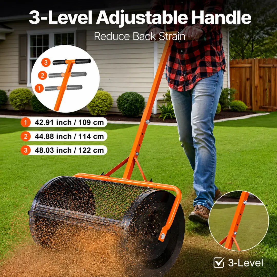 Korvatek RS5 Compost Spreader, 24 In Wide Peat Moss Spreader With T Shaped Handle, 3 Heights Adjustable, Powder-Coated Steel Garden Peat Moss Roller, Heavy Duty Grass Seed Spreaders For Planting Seeding