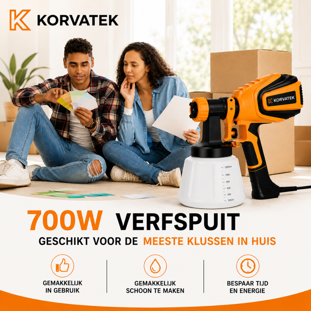 KORVATEK R6 verfspuit, 1000W HVLP-spuitpistool met reinigings- en blaasfunctie, 4 spuitmonden en 3 spuitpatronen, eenvoudig te reinigen, voor meubels, kasten, schuttingen, muren, deuren, tuinstoelen enz. VF803 Geel.