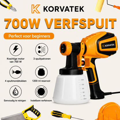 KORVATEK R6 verfspuit, 1000W HVLP-spuitpistool met reinigings- en blaasfunctie, 4 spuitmonden en 3 spuitpatronen, eenvoudig te reinigen, voor meubels, kasten, schuttingen, muren, deuren, tuinstoelen enz. VF803 Geel.