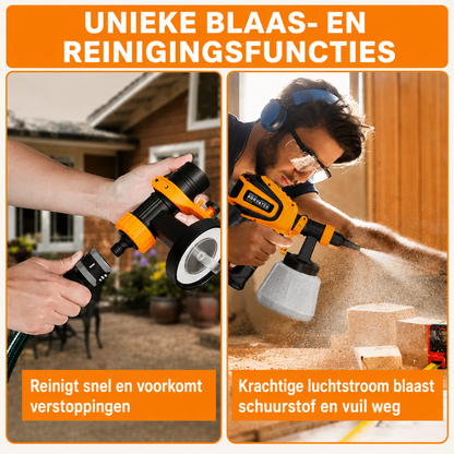 KORVATEK R6 verfspuit, 1000W HVLP-spuitpistool met reinigings- en blaasfunctie, 4 spuitmonden en 3 spuitpatronen, eenvoudig te reinigen, voor meubels, kasten, schuttingen, muren, deuren, tuinstoelen enz. VF803 Geel.