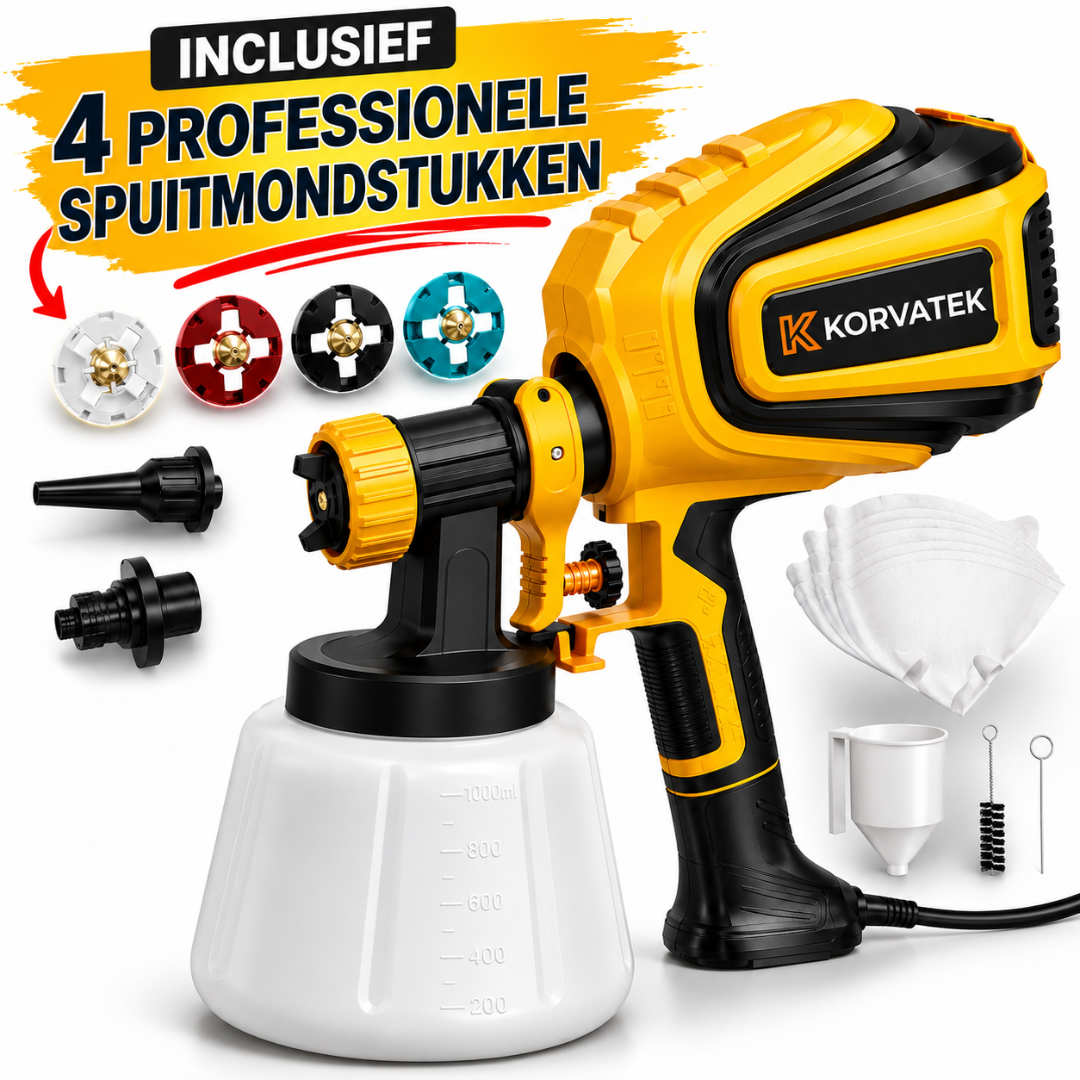 KORVATEK R6 verfspuit, 1000W HVLP-spuitpistool met reinigings- en blaasfunctie, 4 spuitmonden en 3 spuitpatronen, eenvoudig te reinigen, voor meubels, kasten, schuttingen, muren, deuren, tuinstoelen enz. VF803 Geel.