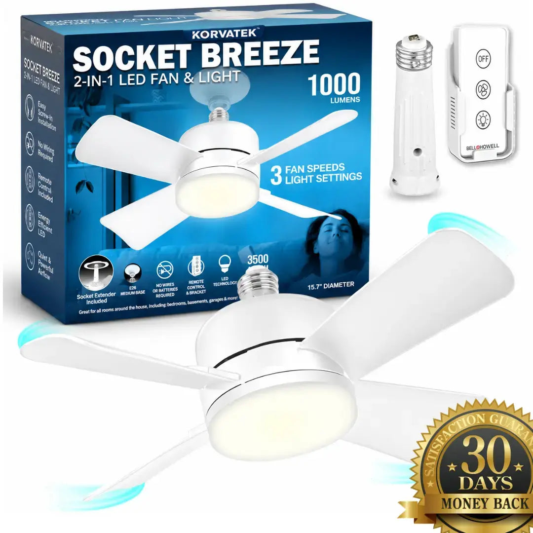 KORVATEK Socket Breeze Moderne Plafondventilator met LED-verlichting, 10" LED E26 Schroefvoet Mini Fitting Ventilator voor Slaapkamer, Woonkamer, Keuken, Balkon