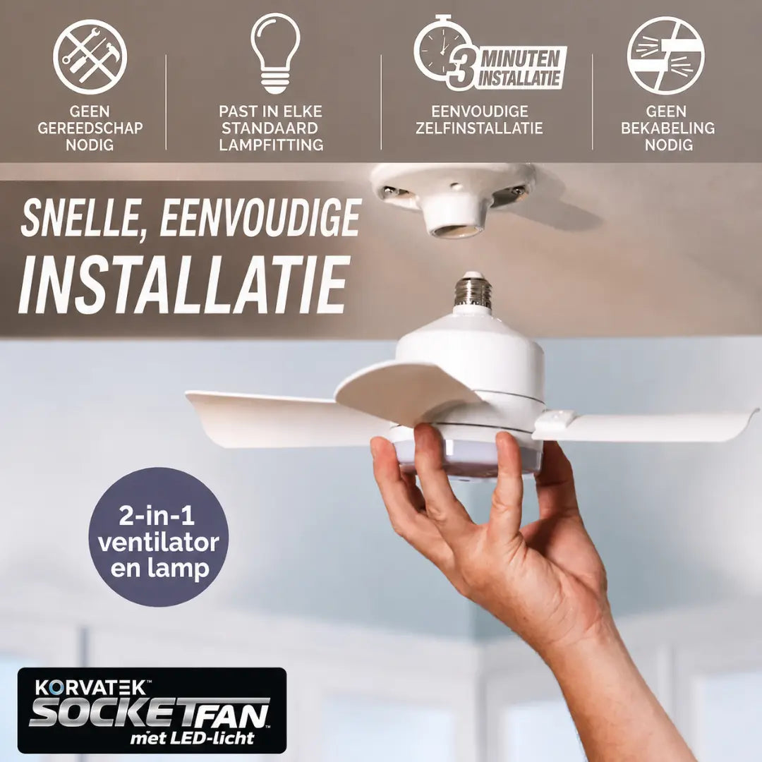 KORVATEK Socket Breeze Moderne Plafondventilator met LED-verlichting, 10" LED E26 Schroefvoet Mini Fitting Ventilator voor Slaapkamer, Woonkamer, Keuken, Balkon