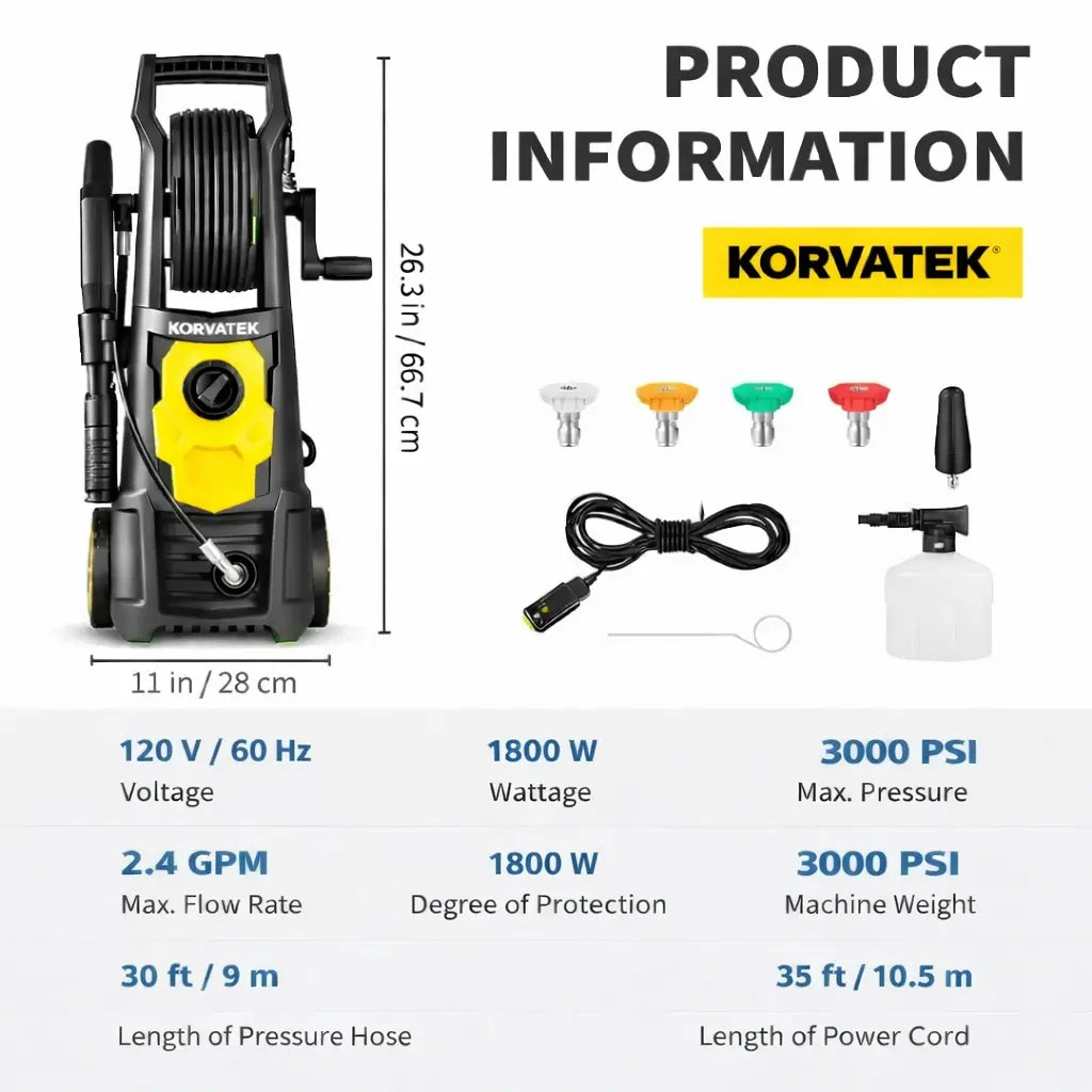 Korvatek Powerful 3000 PSI 2.4 GPM 1800W Portable Power Cleaner Pro with 30FT Hose Reel, 5 Quick-Connect Nozzles & Foam Cannon – Perfect for Effortless Patio & Outdoor Cleaning