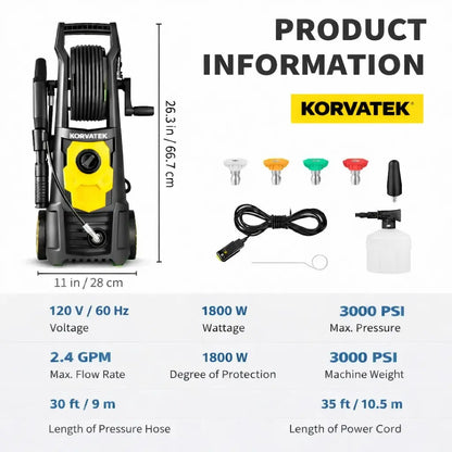 Korvatek Powerful 3000 PSI 2.4 GPM 1800W Portable Power Cleaner Pro with 30FT Hose Reel, 5 Quick-Connect Nozzles & Foam Cannon – Perfect for Effortless Patio & Outdoor Cleaning