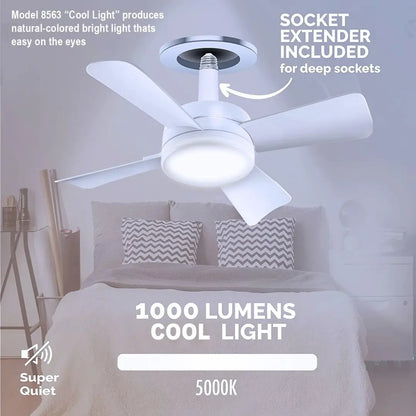 KORVATEK Socket Breeze Modern Ceiling Fans with LED Lights, 10" LED E26 Screw Base Mini Light Socket Fan for Bedroom, Living Room, Kitchen, Balcony