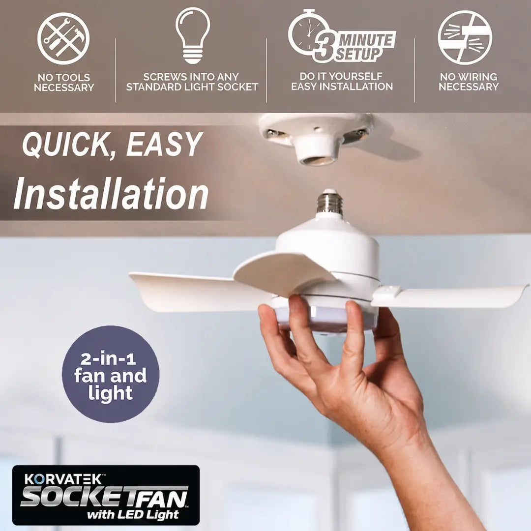 KORVATEK Socket Breeze Modern Ceiling Fans with LED Lights, 10" LED E26 Screw Base Mini Light Socket Fan for Bedroom, Living Room, Kitchen, Balcony