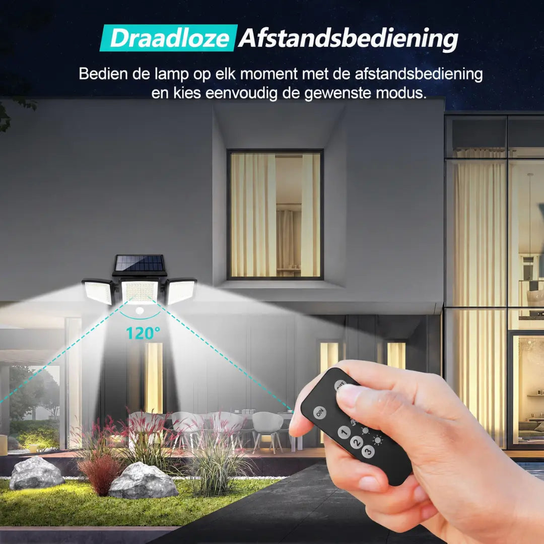 KORVATEK Zonne-Buitenlamp – 3 Koppen Beveiligingslamp met Bewegingssensor, Afstandsbediening & IP65