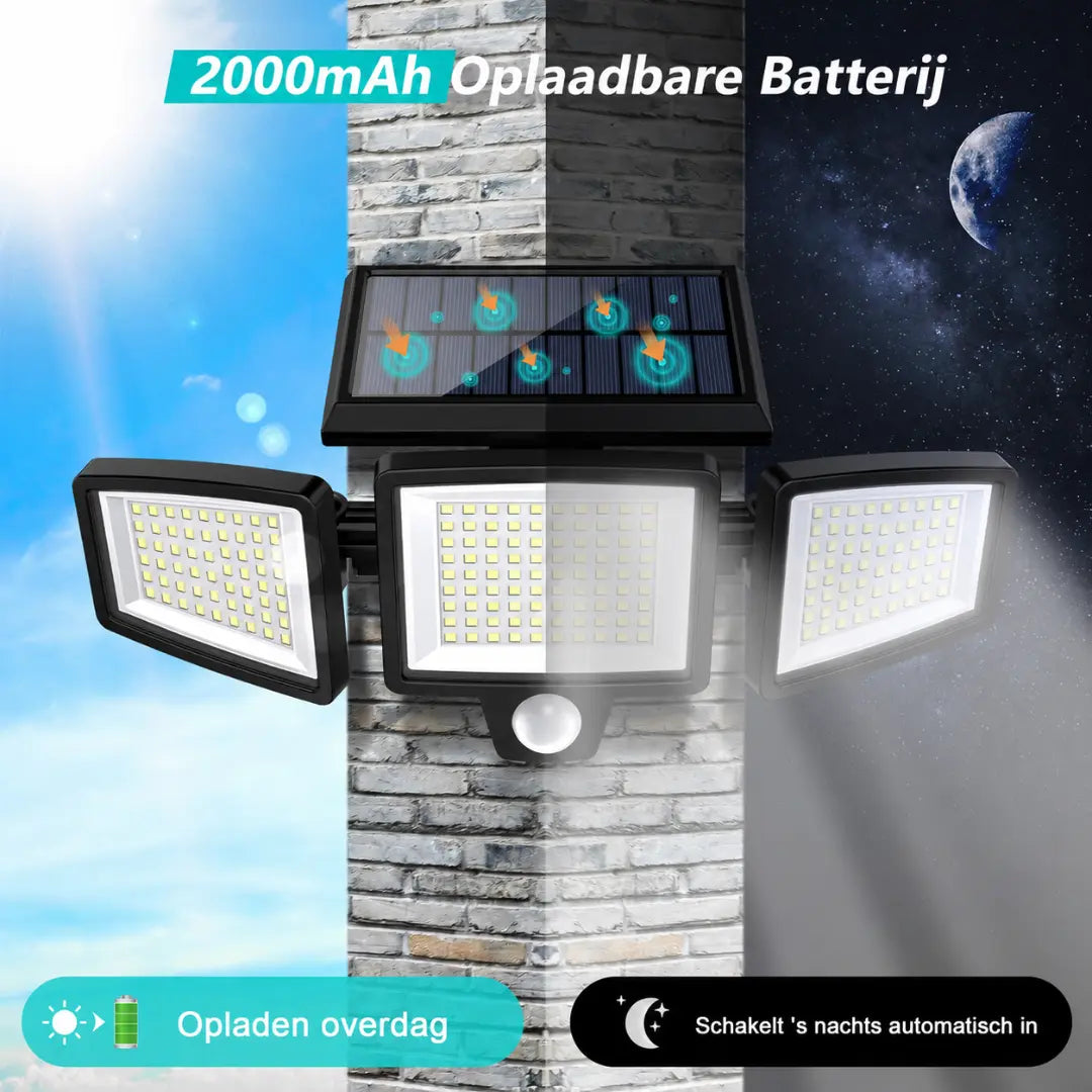 KORVATEK Zonne-Buitenlamp – 3 Koppen Beveiligingslamp met Bewegingssensor, Afstandsbediening & IP65