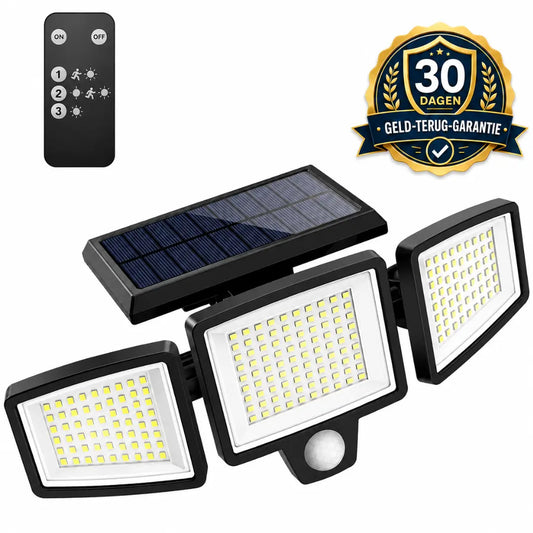 KORVATEK Zonne-Buitenlamp – 3 Koppen Beveiligingslamp met Bewegingssensor, Afstandsbediening & IP65
