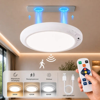 Korvatek Batterijgevoede Plafondlamp Oplaadbaar met Bewegingssensor Binnen Draadloze Douchelamp met Afstandsbediening - Dimbaar Timing Bewegingsgeactiveerde Lamp voor Kast en Douche