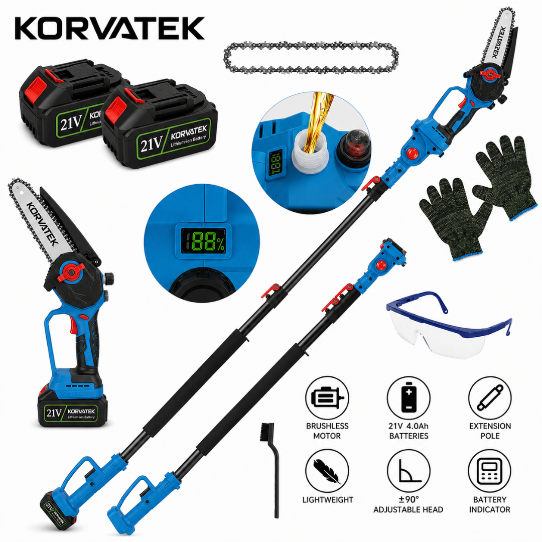 Korvatek R4 2 in 1 Mini Chainsaw, 8" Brushless Electric Pruner, 8.5-15FT Telescopic Pruning Pole, Working Height up to 15ft, 60° Angled Head, Shoulder Strap