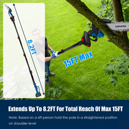 Korvatek R4 2 in 1 Mini Chainsaw, 8" Brushless Electric Pruner, 8.5-15FT Telescopic Pruning Pole, Working Height up to 15ft, 60° Angled Head, Shoulder Strap