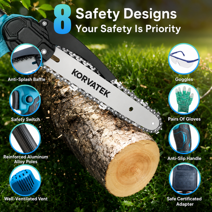 Korvatek R4 2 in 1 Mini Chainsaw, 8" Brushless Electric Pruner, 8.5-15FT Telescopic Pruning Pole, Working Height up to 15ft, 60° Angled Head, Shoulder Strap