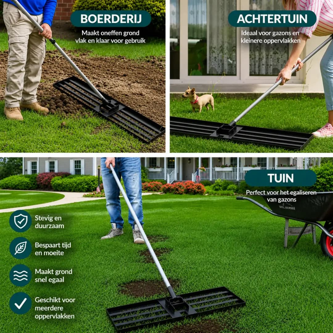 Korvatek B6 Gazon Nivelleerhark - Levelawn Tool - Arbeidsbesparende Nivelleerrake voor Gazon - Roestvrijstalen Steel - Geschikt voor Tuin, Gazon en Golfbaan - Voor Eenvoudig Egaliseren van Grond, Zand en Aarde