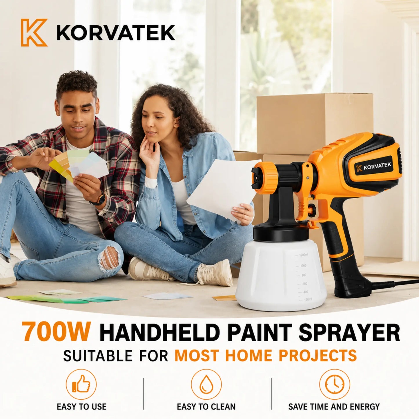 KORVATEK R6 Paint Sprayer, 1000W HVLP Spray Gun with Cleaning & Blowing Joints, 4 Nozzles and 3 Patterns, Easy to Clean, for Furniture, Cabinets, Fence, Walls, Door, Garden Chairs etc. VF803 Yellow