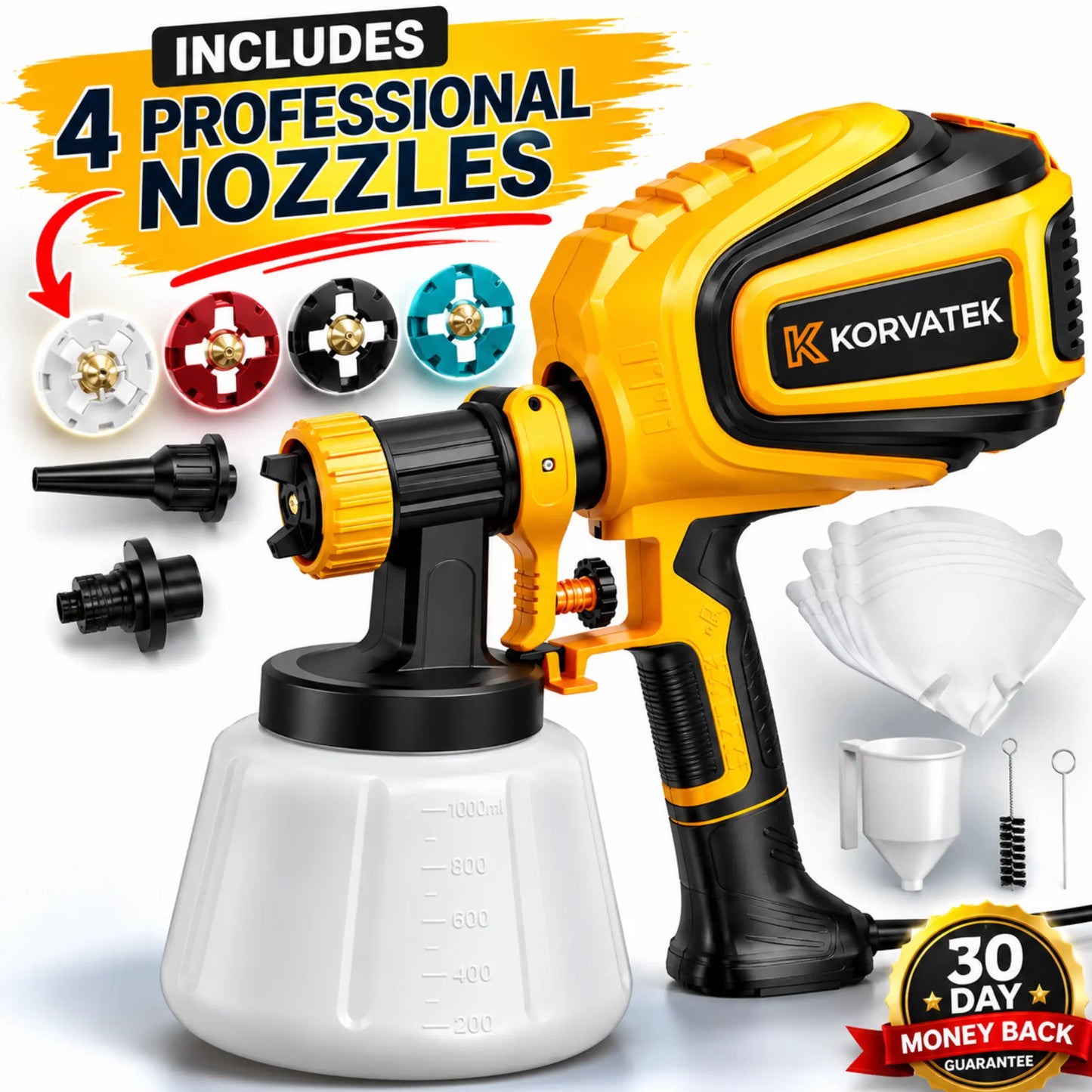 KORVATEK R6 Paint Sprayer, 1000W HVLP Spray Gun with Cleaning & Blowing Joints, 4 Nozzles and 3 Patterns, Easy to Clean, for Furniture, Cabinets, Fence, Walls, Door, Garden Chairs etc. VF803 Yellow