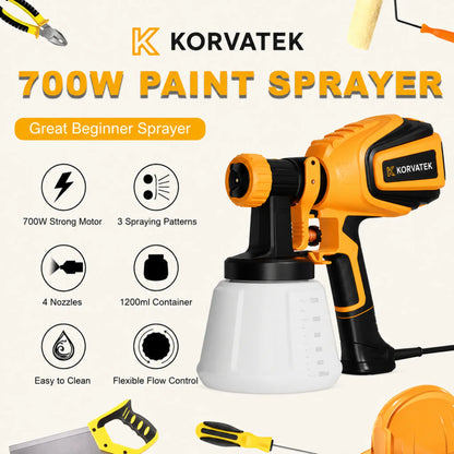 KORVATEK R6 Paint Sprayer, 1000W HVLP Spray Gun with Cleaning & Blowing Joints, 4 Nozzles and 3 Patterns, Easy to Clean, for Furniture, Cabinets, Fence, Walls, Door, Garden Chairs etc. VF803 Yellow