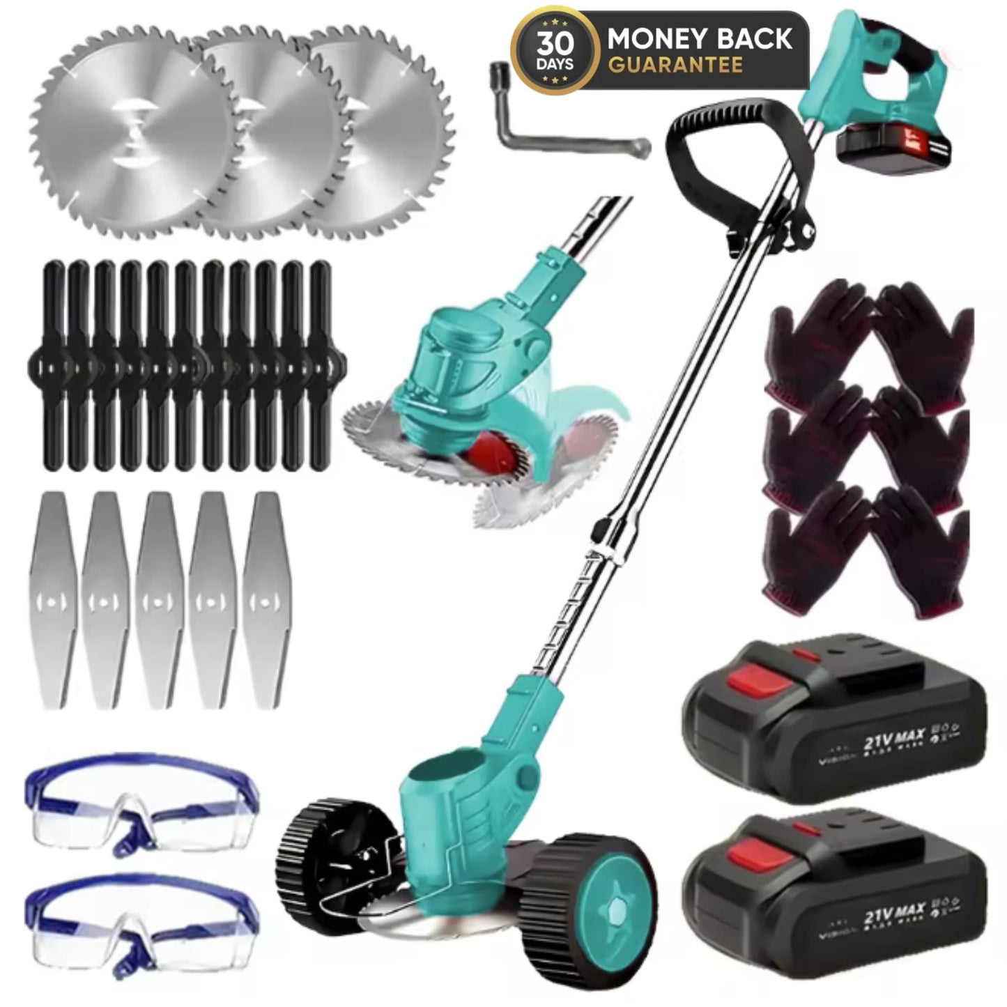 Korvatek Elektrische S4 Bosmaaier 21V met batterij en 4 verschillende bladen – krachtige, snoerloze grastrimmer voor tuin en gazon.