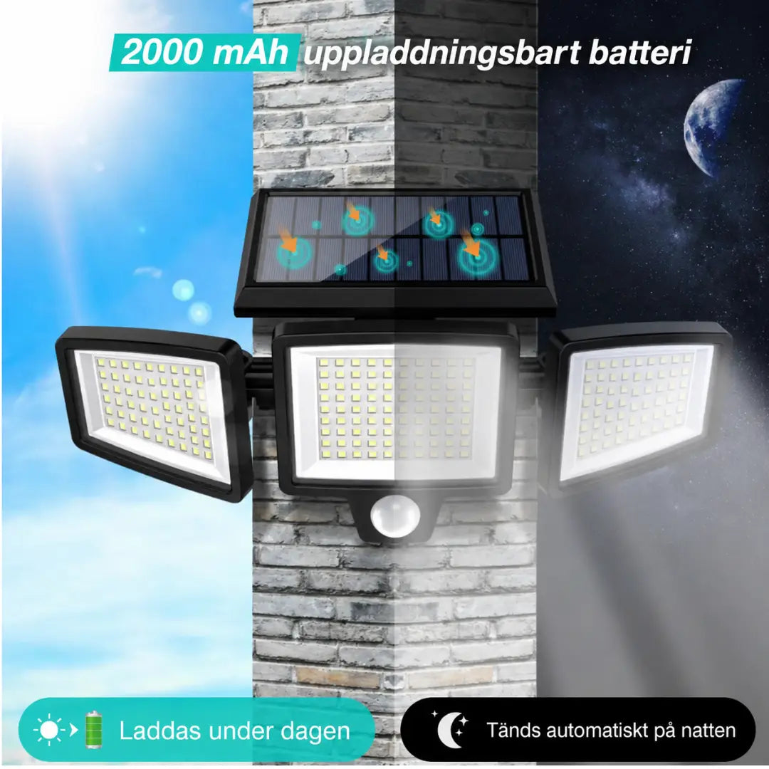 KORVATEK Solcellsdriven utomhuslampa – Säkerhetslampa med 3 ljushuvuden, rörelsesensor, fjärrkontroll & IP65