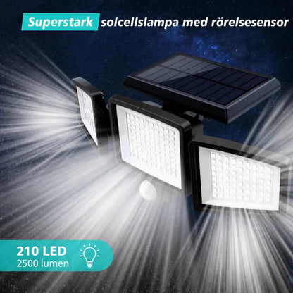 KORVATEK Solcellsdriven utomhuslampa – Säkerhetslampa med 3 ljushuvuden, rörelsesensor, fjärrkontroll & IP65