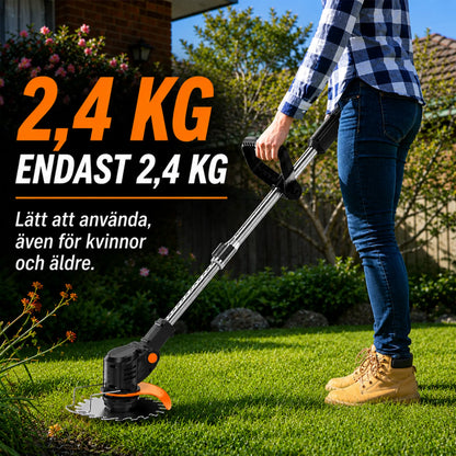 Korvatek Elektrische S4 Bosmaaier 21V met batterij en 4 verschillende bladen – krachtige, snoerloze grastrimmer voor tuin en gazon.